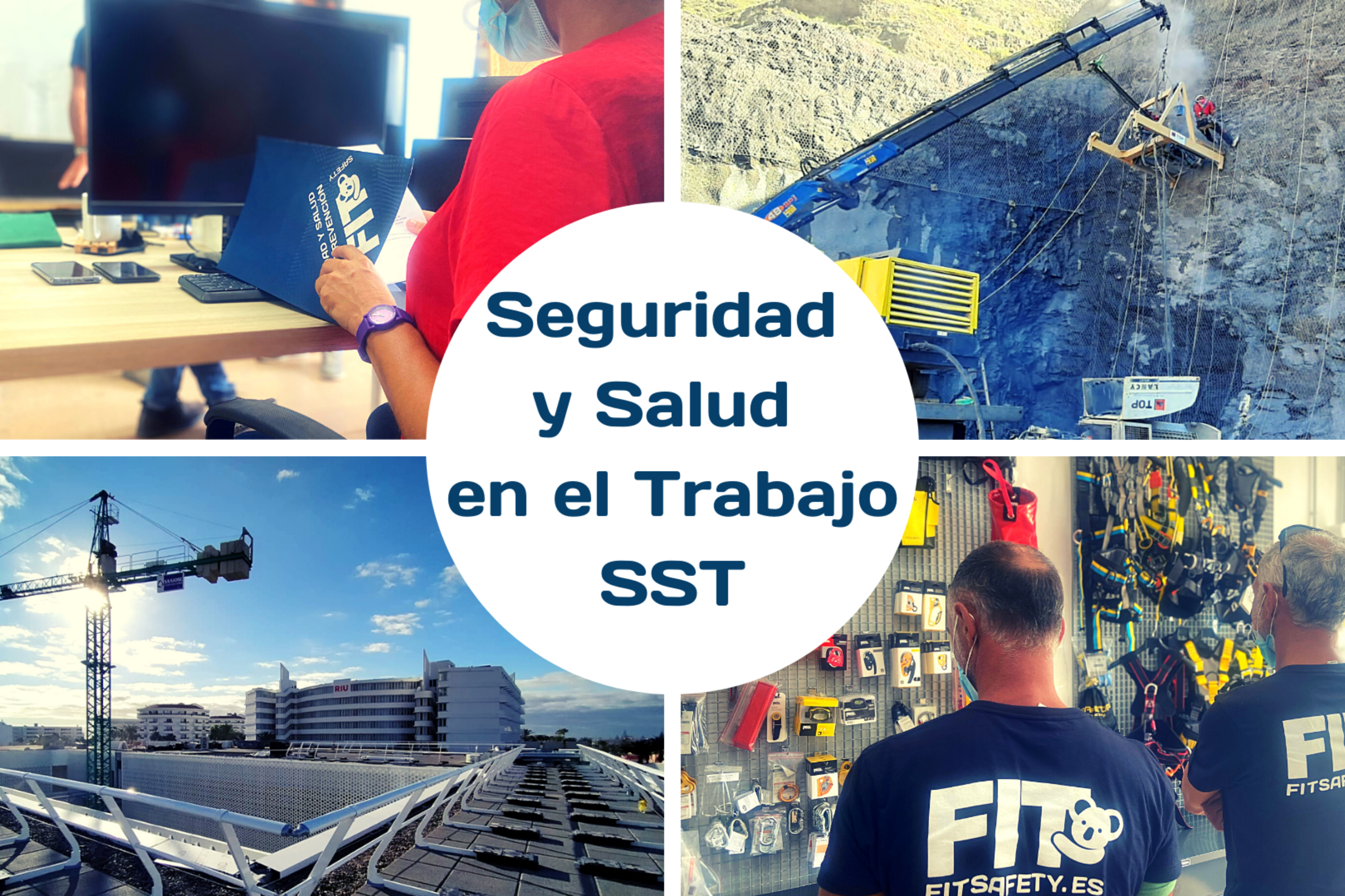 Collage de imágenes. Una persona abriendo una carpeta de la empresa FIT Safety. Dos trabajadores realizando tareas en altura en una plataforma. Unas vallas de protección en una cubierta. Dos personas observando equipos de protección.