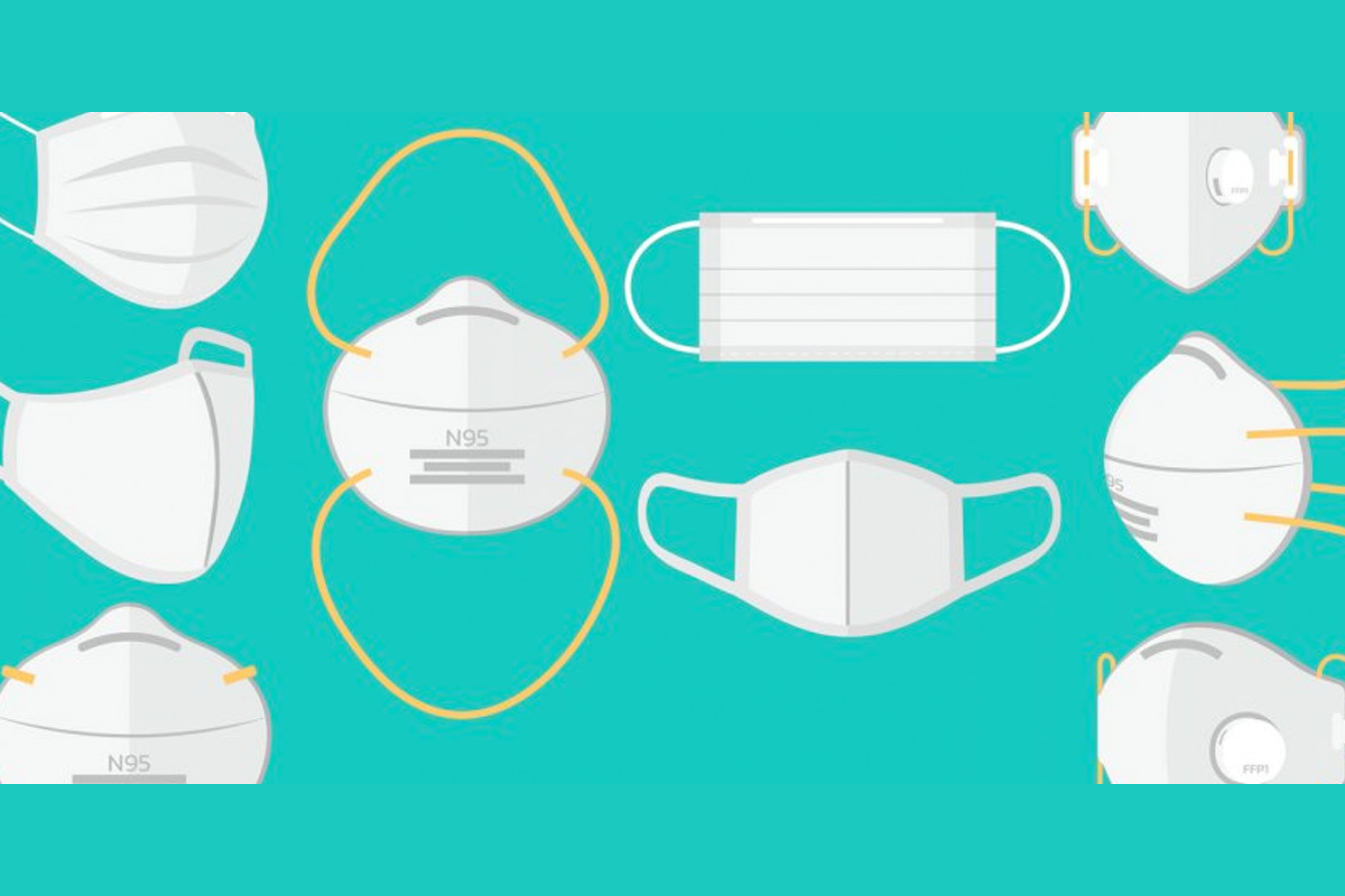 Dibujo de distintos tipos de mascarillas sobre un fondo azul.