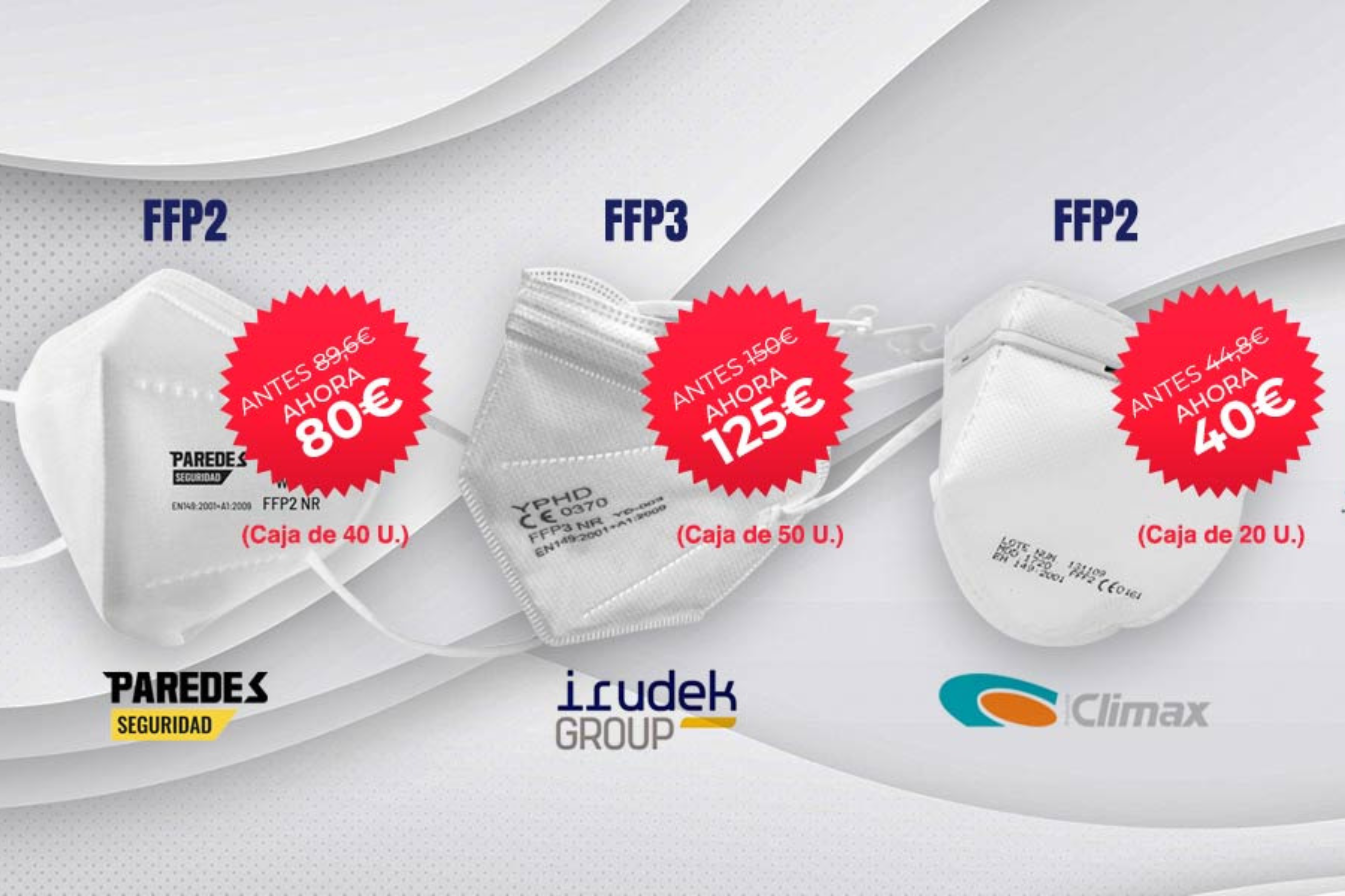 Imagen de tres mascarillas con sus respectivas marcas: "Paredes Seguridad", "Irudek Group" y "Climax".