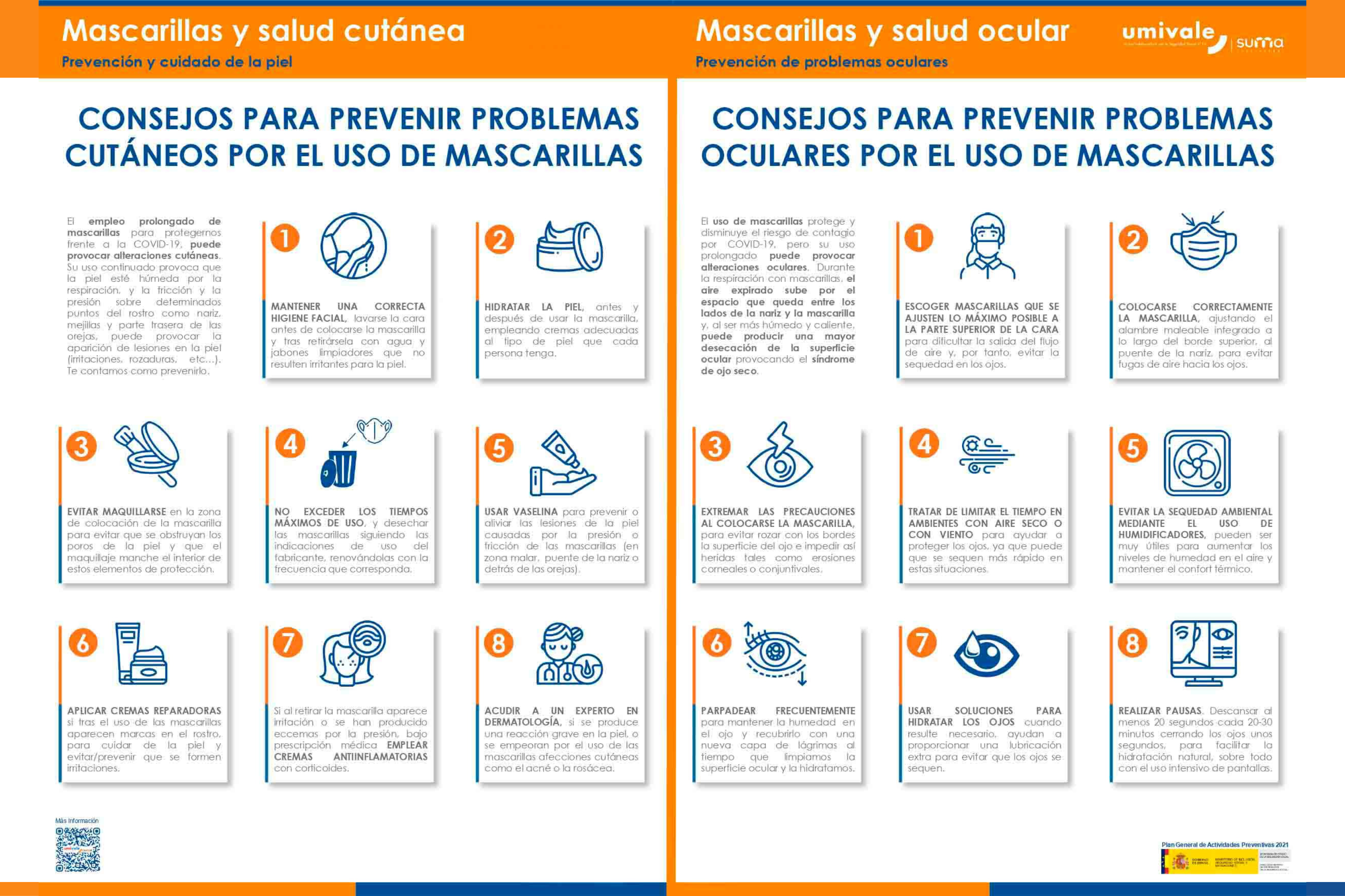 Imagen de dos carteles con consejos para: "Prevenir problemas cutáneos por el uso de mascarillas" y "Prevenir problemas oculares por el uso de mascarillas".
