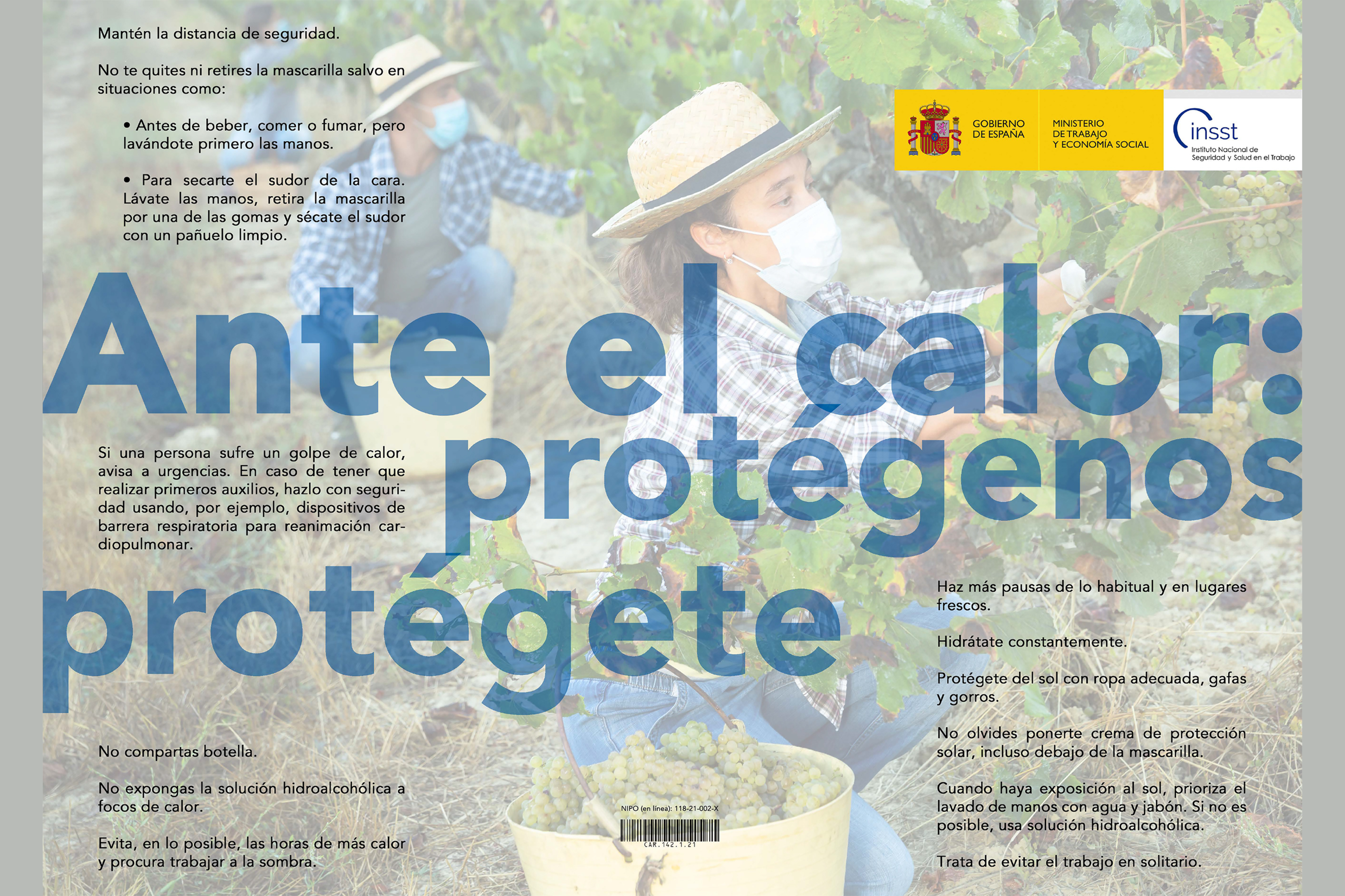 Imagen del cartel del INSST sobre el trabajo en ambientes calurosos, con la frase "Ante el calor: protégenos, protégete".