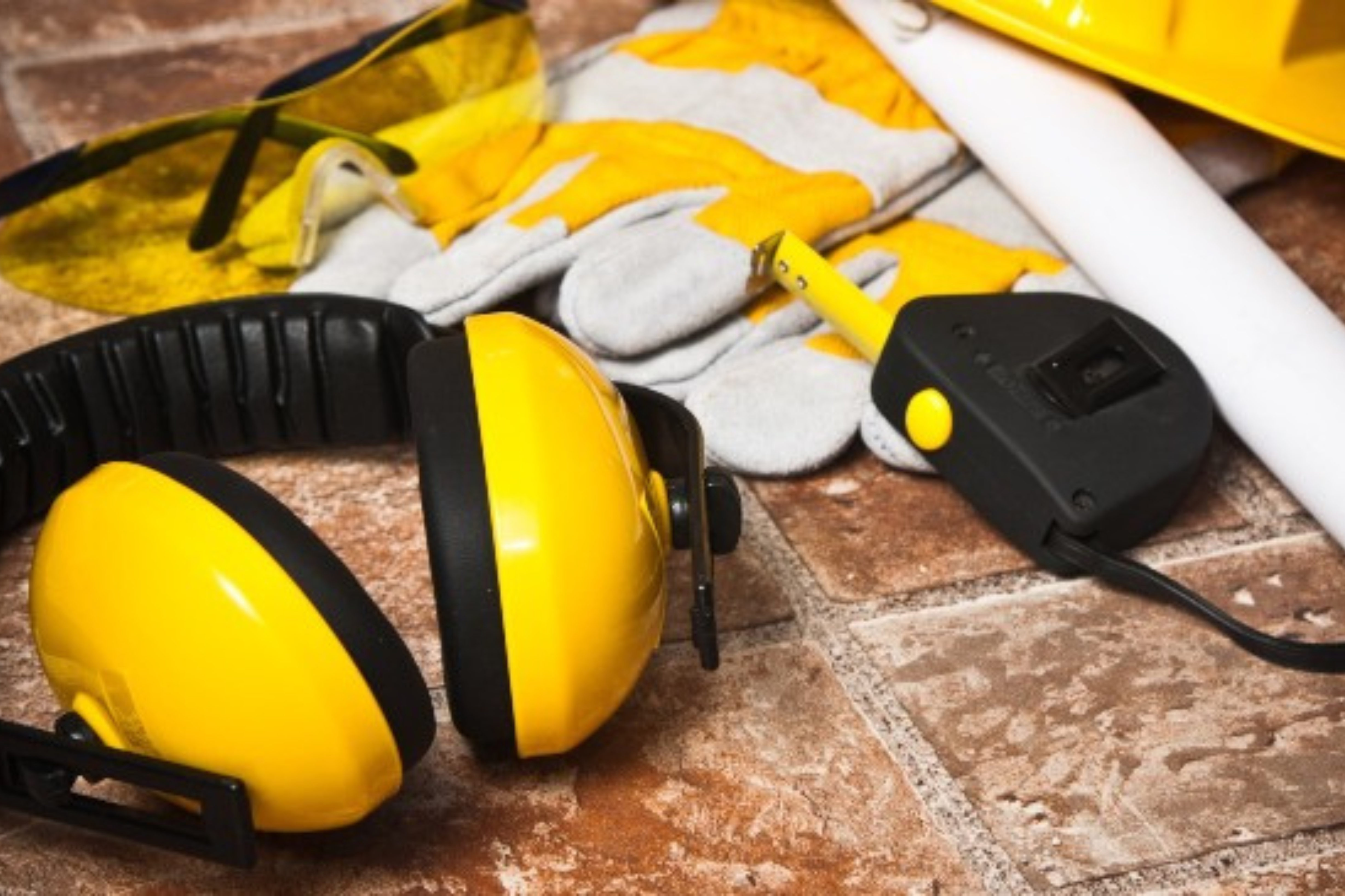 Un casco amarillo de seguridad, gafas de seguridad y tapones para los oídos sobre un suelo de ladrillo.