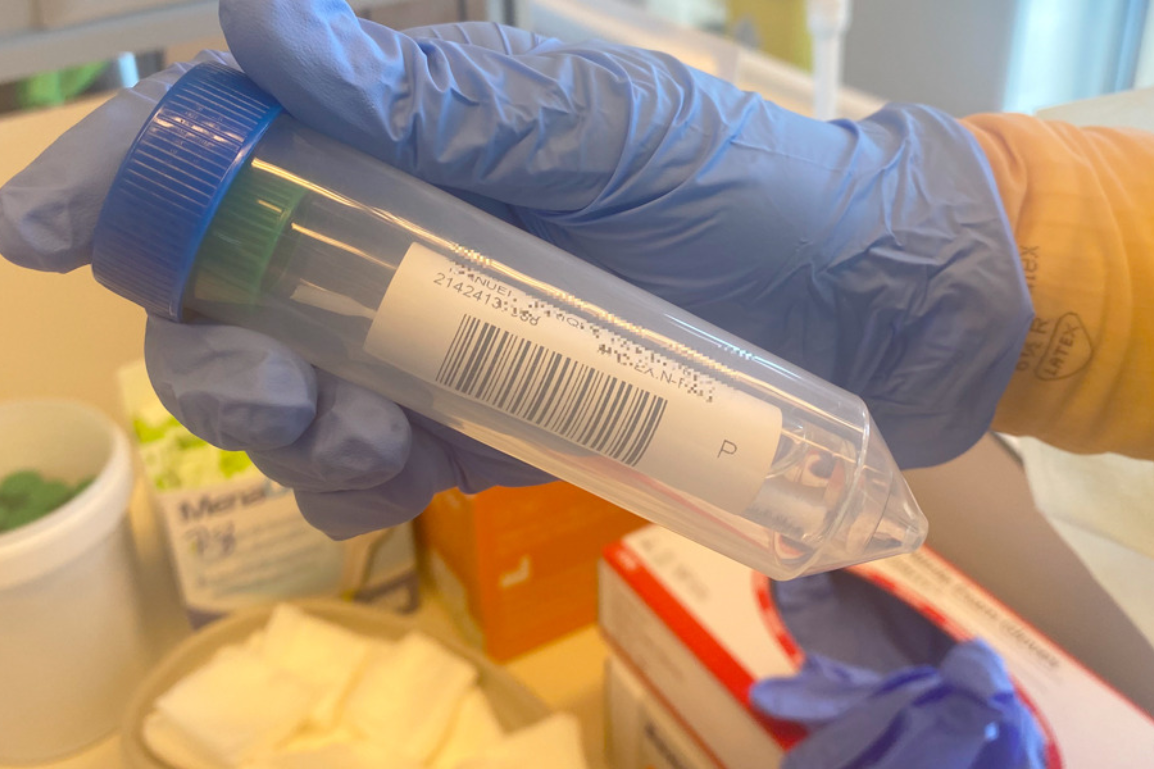 Imagen de una persona sujetando una muestra en un laboratorio.