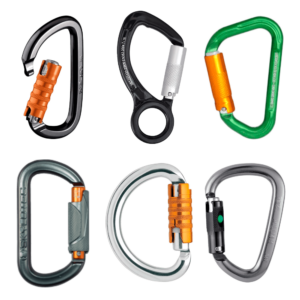 Vista de diferentes mosquetones con seguro automático.