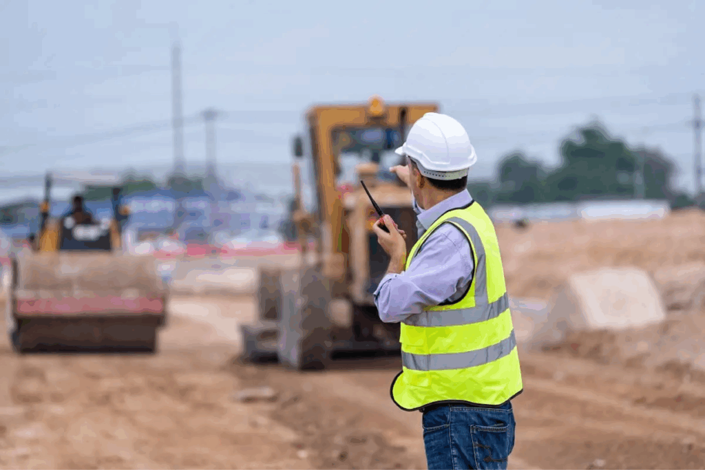 Imagen de una persona que ejerce de recurso preventivo en una obra, en la que se ve maquinaria pesada al fondo, dando instrucciones por un walkie-talkie.