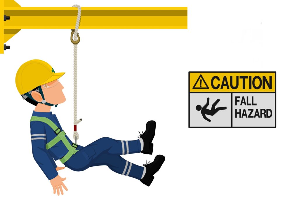Dibujo de lo que representa un trabajador, sufriendo una caída, pero se encuentra amarrado a una columna por una cuerda.