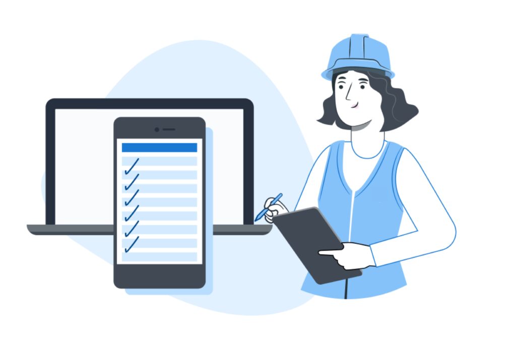 Imagen de una persona, un ordenador y un movil, con un checklist de PRL para trabajos en altura.