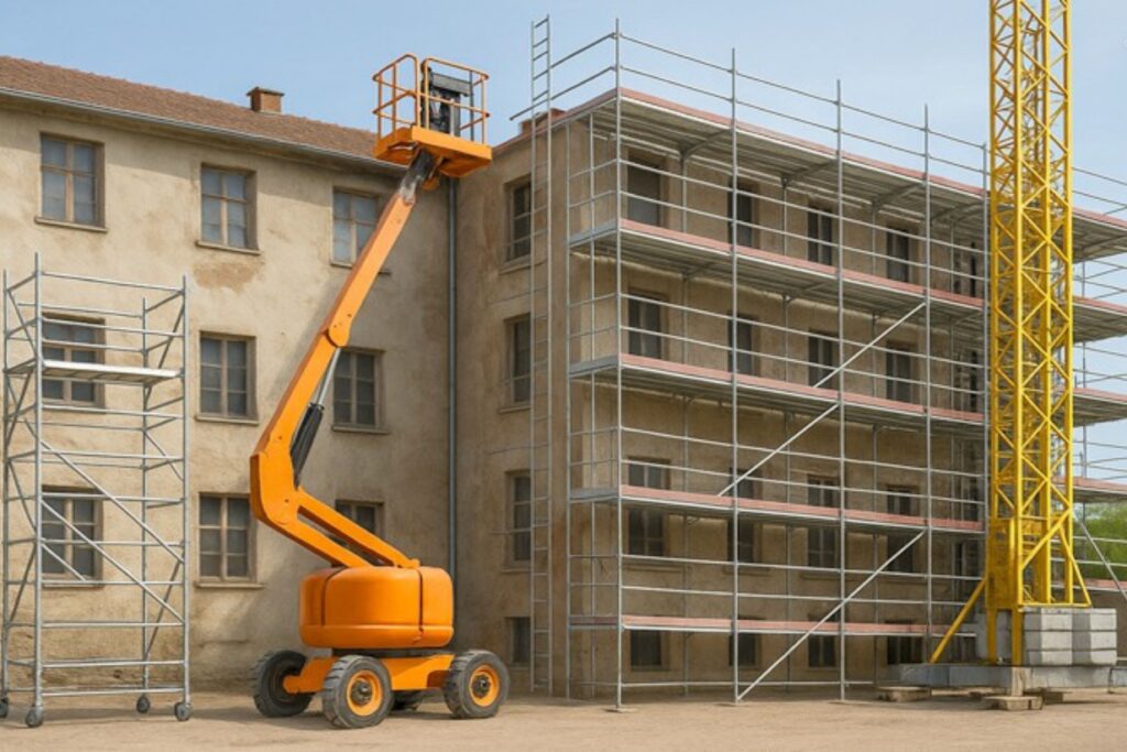 Imagen con distintos medios auxiliares para trabajos en altura como andamios o plataformas elevadoras móviles de personal.